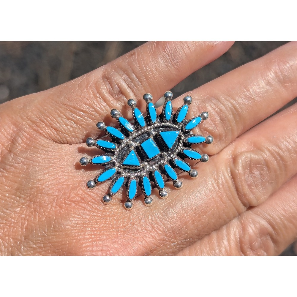 Zuni Ring Turquoise Cluster‎ Pueblo Native American Handmade Jewelry sz 7.5 ***
